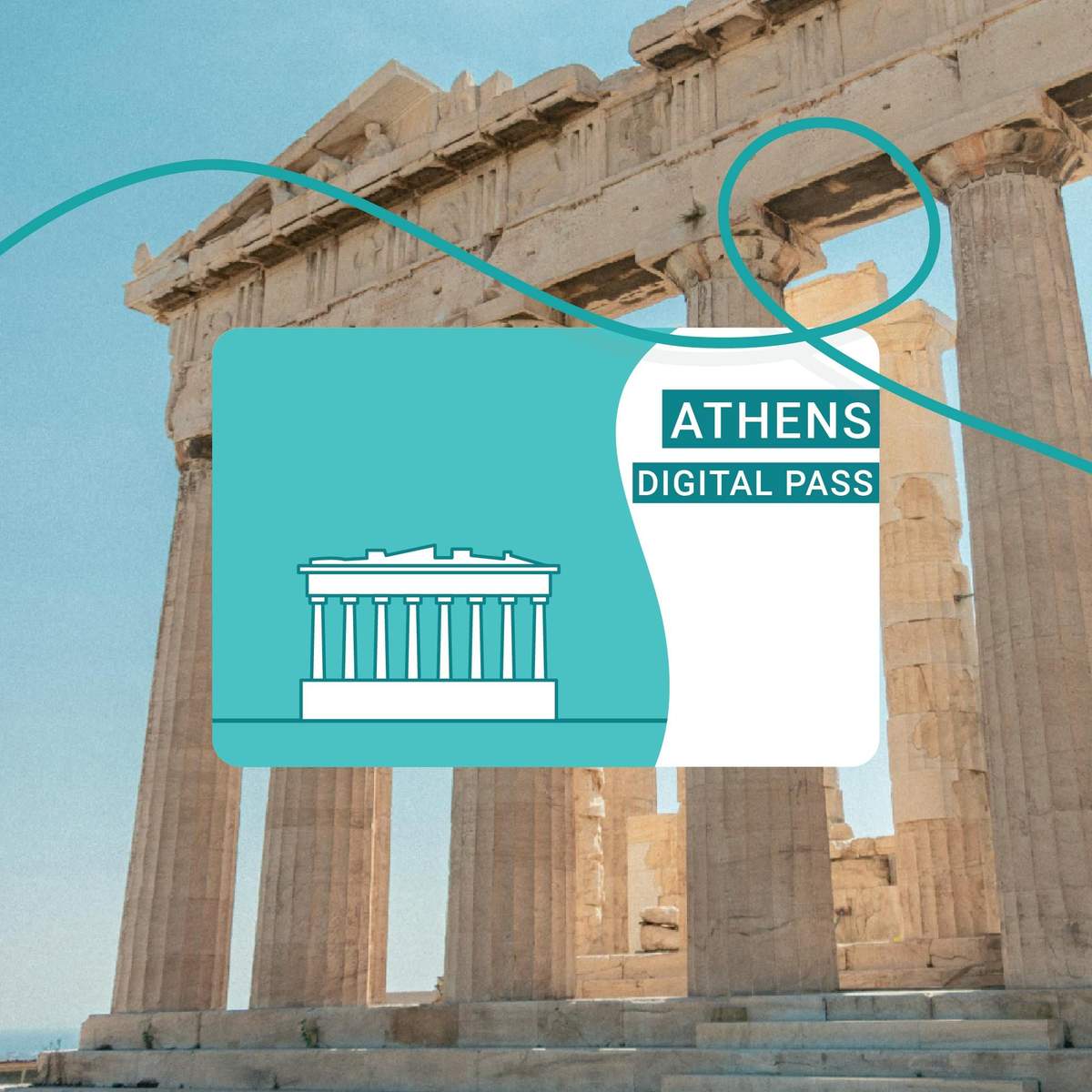 Illustration of an Athens Digital Pass card with the Parthenon ruins in the background.