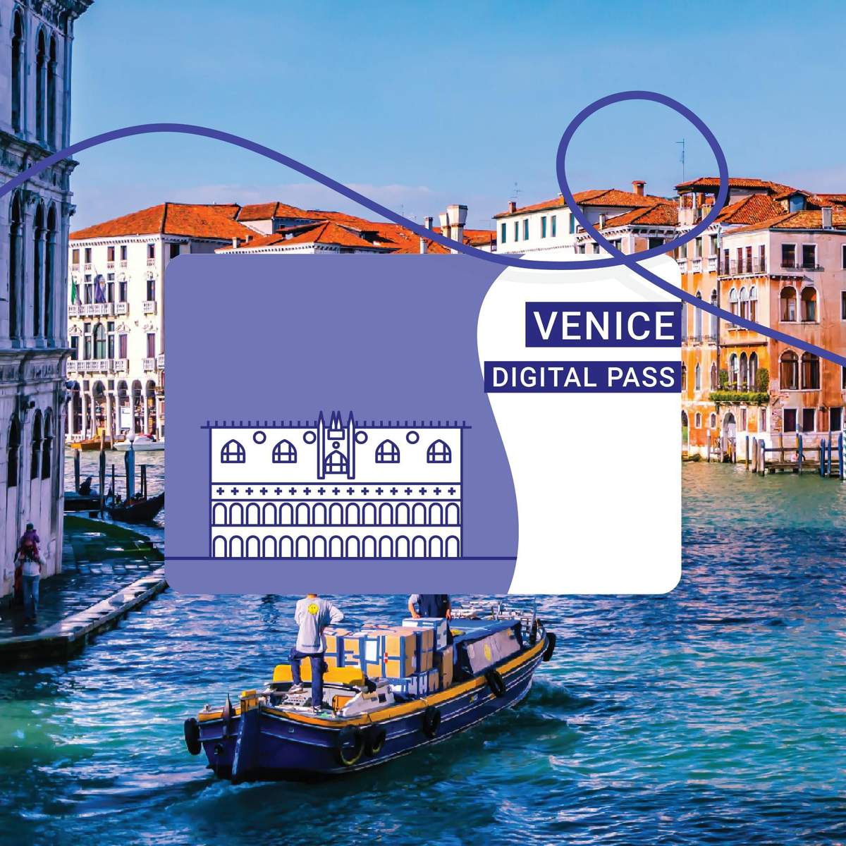The Venice Pass A boat laden with packages navigates a canal in Venice, with historic buildings and a Venice Digital Pass graphic overlay.
