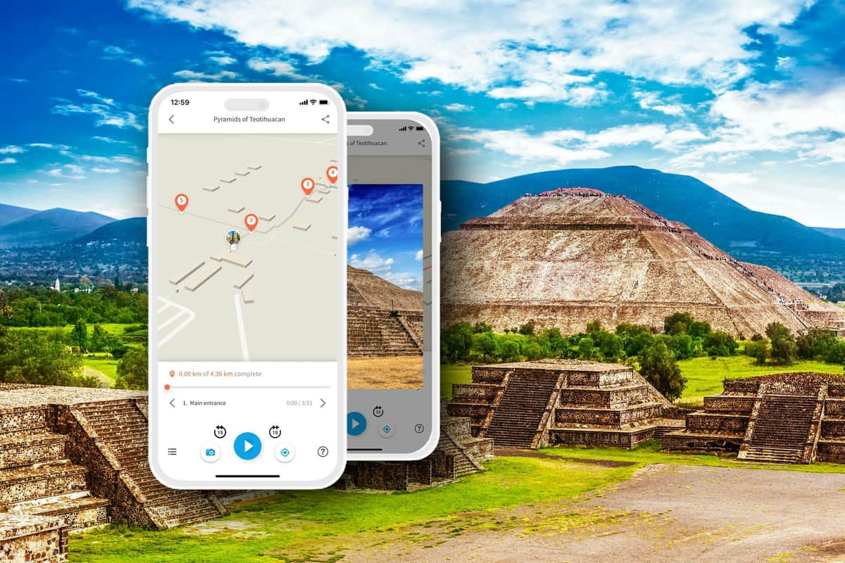 Teotihuacan: Audio Guide App by TouringBee Two smartphones displaying a map and photo of Teotihuacan pyramids overlaying an image of the actual pyramids with a blue sky above.