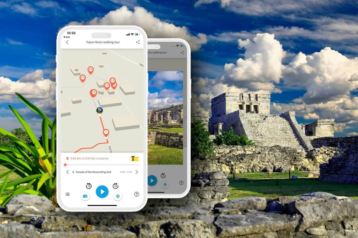 Mayan Ruins of Tulum: Audio Guide App Two smartphones displaying a map and tour details overlaid on an image of ancient ruins under a partly cloudy sky.
