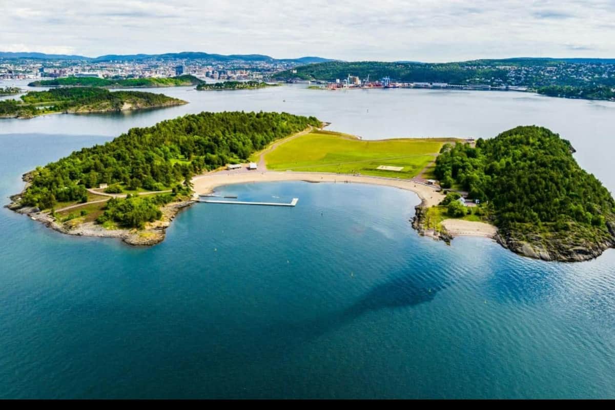 Hovedøya: Guided Tour + Roundtrip Ferry Aerial view of a scenic coastal area with a small bay, green fields, and forests, with a city visible in the background.
