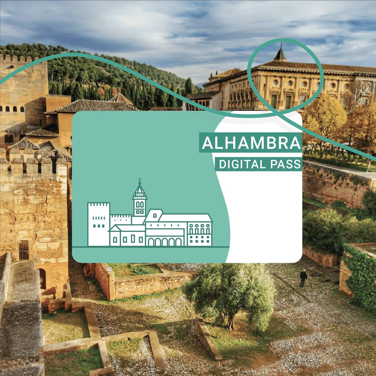 The Granada City Pass A digital pass graphic overlaid on an image of Alhambra with historical buildings and greenery.