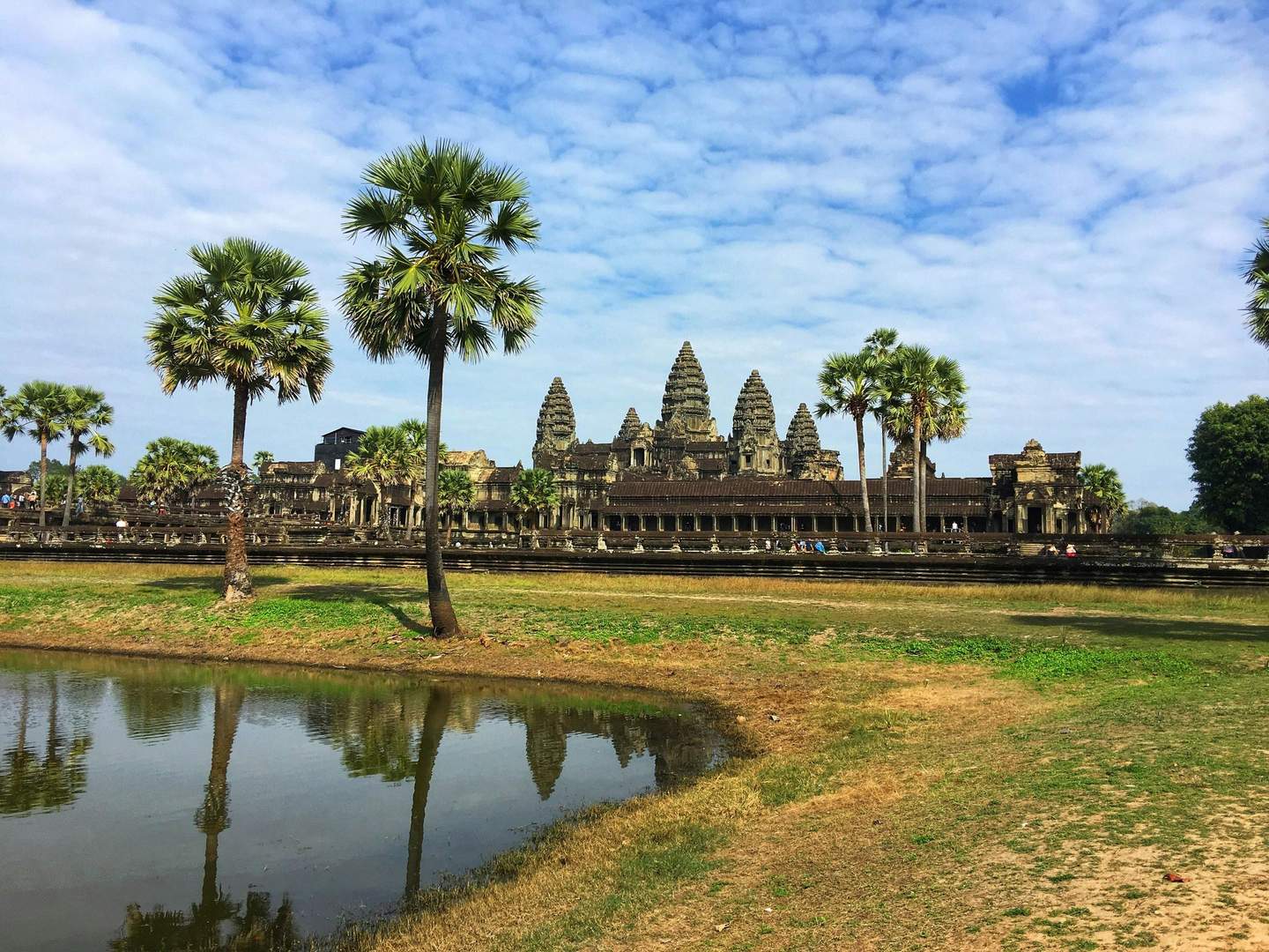 Angkor Wat Ancient temple with multiple towers, surrounded by palm trees, reflected in a pond under a partly cloudy sky.