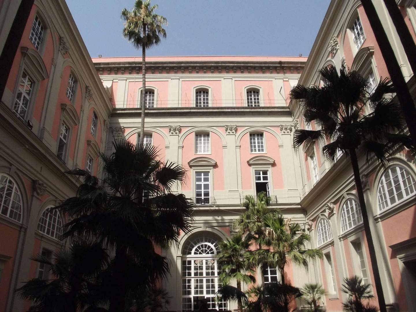 Sunlit courtyard with pink and cream buildings, arched windows, and tall palm trees reaching towards a clear blue sky.