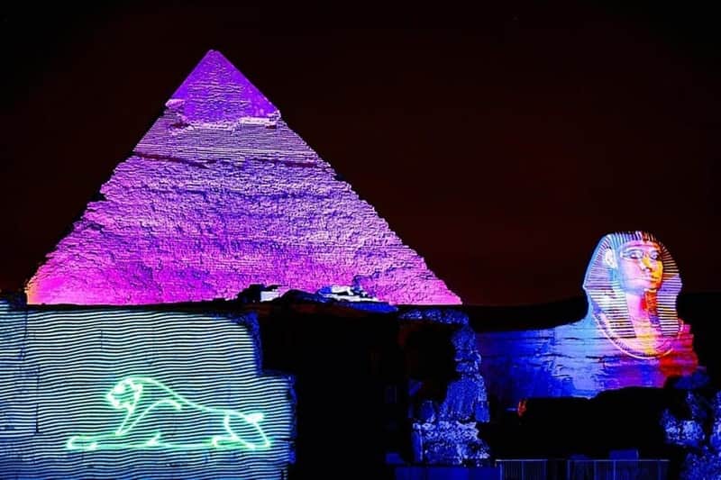 The Great Pyramid of Giza: Sound & Light Show Entry + Roundtrip Transfer Discover Ancient Egypt’s history and the myth of the Sphinx at the iconic Sound and Light Show by the Giza Pyramids in Cairo.